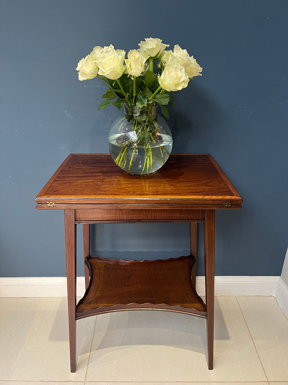 Antique Edwardian Inlaid Mahogany Two Tier Fold Over Games Table