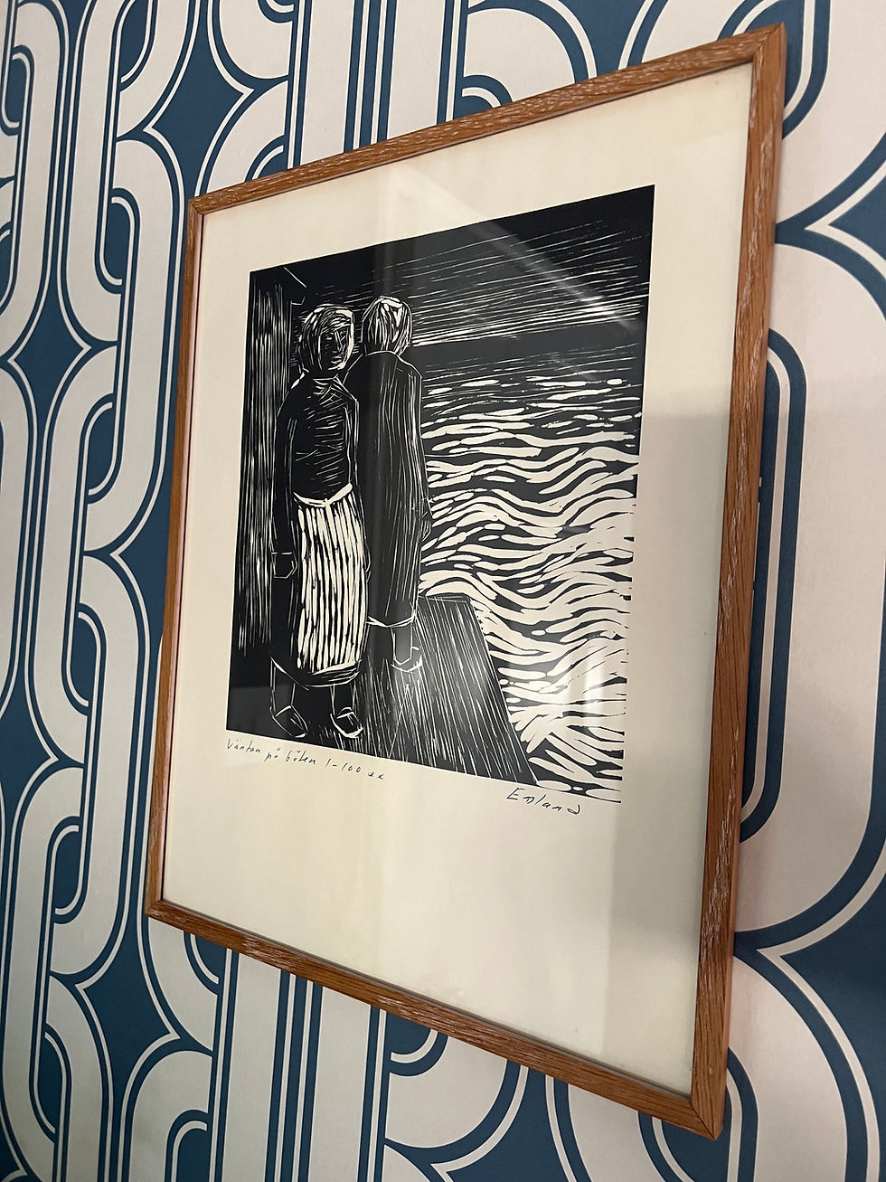 Thumbnail: "Waiting for the Fishing Boats" Original Mid-Century Swedish Lino Print