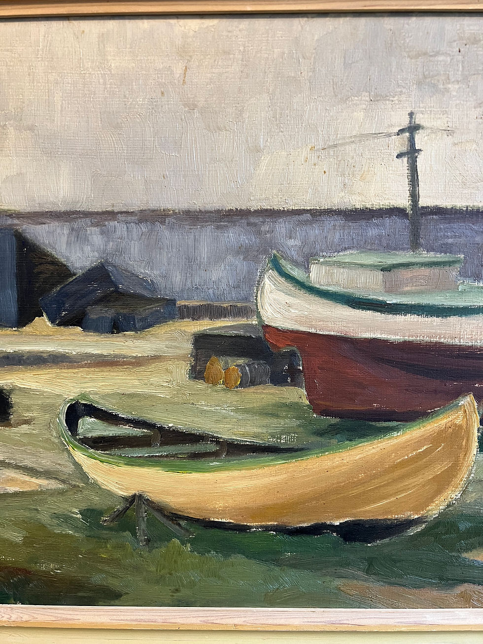 Thumbnail: Mid-Century Swedish Oil Painting of Harbour Boats