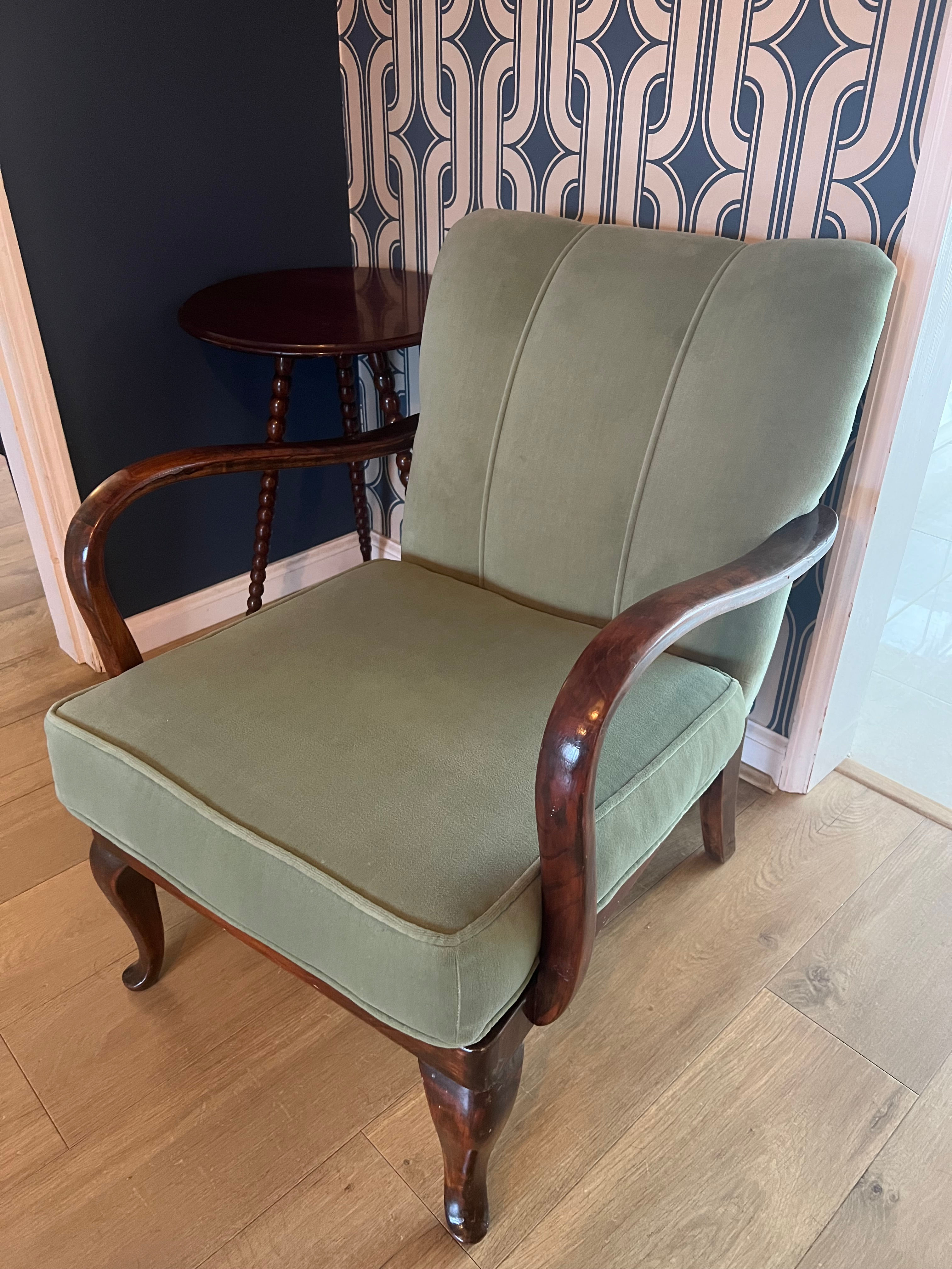 Mid Century Sage Green Upholstered Open Armchair