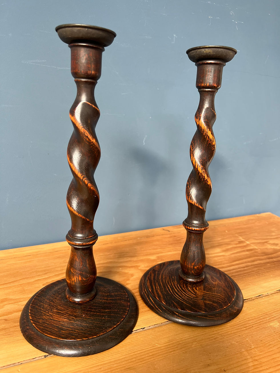 Thumbnail: Two Edwardian Oak Barley Twist Mantelpiece Candlesticks