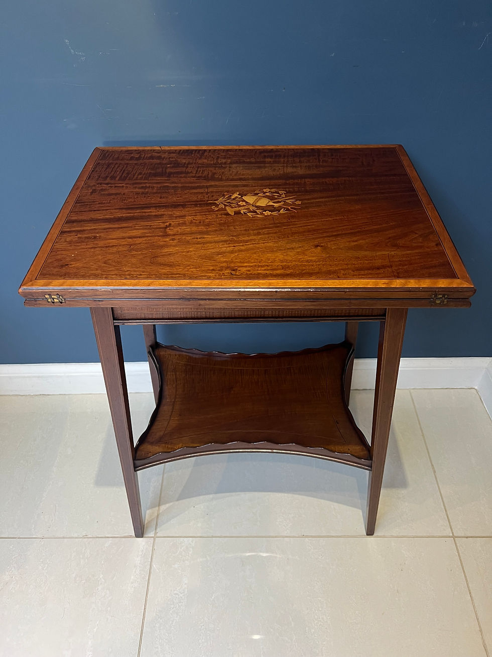 Thumbnail: Antique Edwardian Inlaid Mahogany Two Tier Fold Over Poker Table.