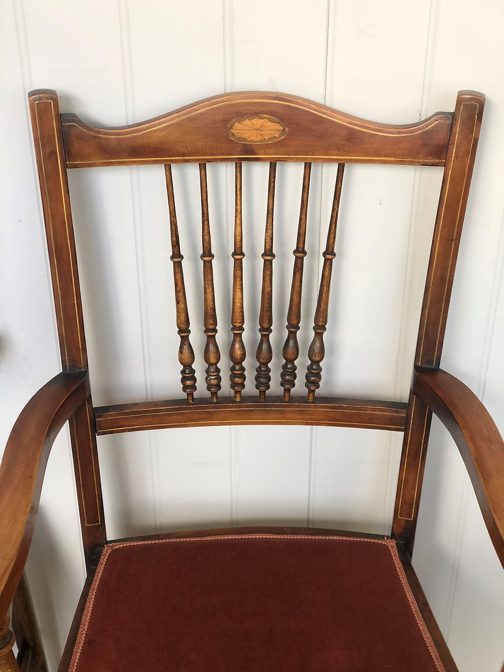 Thumbnail: Pair of Edwardian Mahogany Inlaid Salon Armchairs