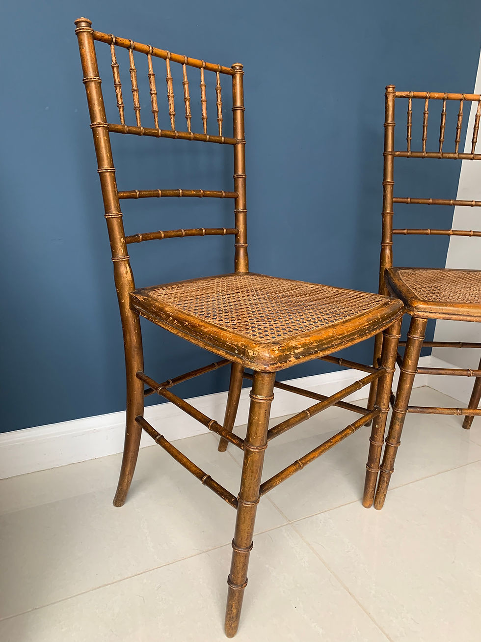 Thumbnail: Matched Pair of Regency Faux Bamboo Side Chairs