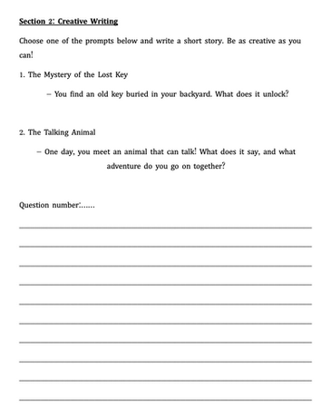 Creative writing questions from an English 7 plus exam paper