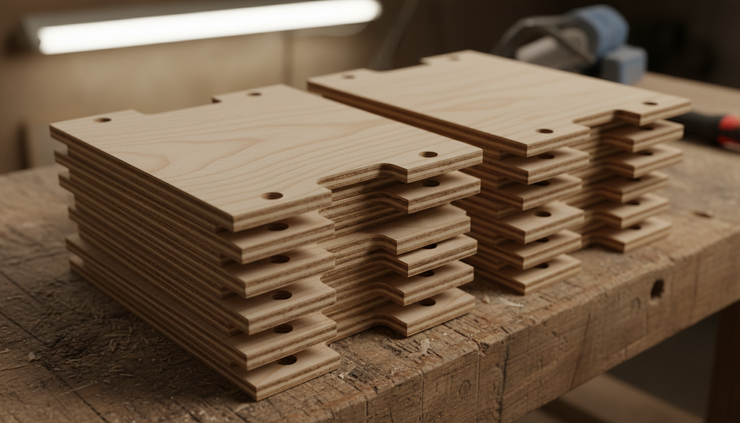 Close-up view of stacked plywood brackets with clean cut edges