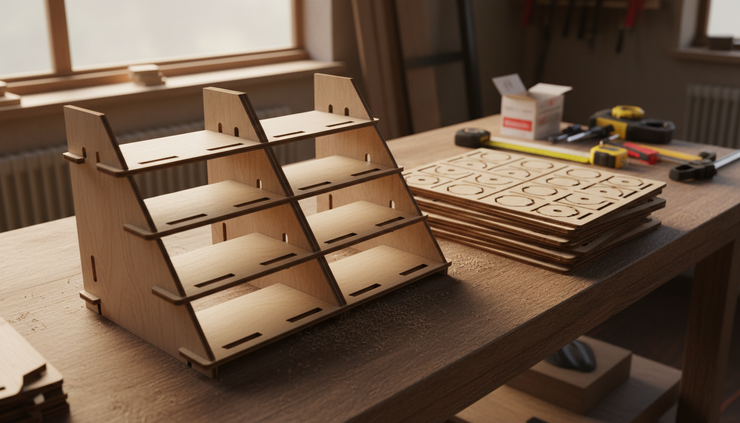 Wide-angle view of laser-cut plywood display parts assembled on a timber bench