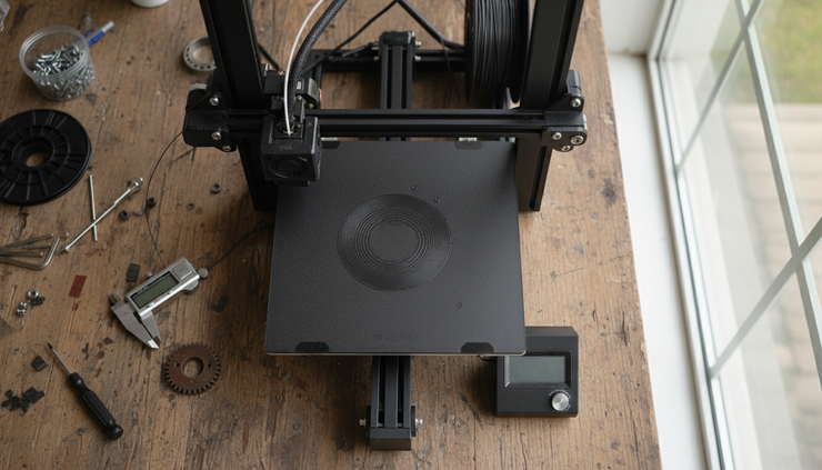 Overhead view of a 3D printer making a replacement gear in dark filament