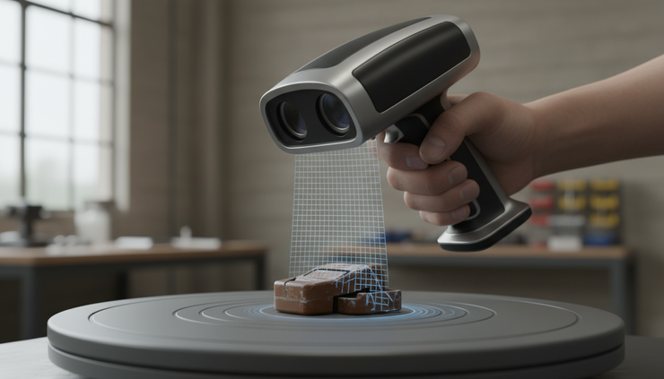 Close-up view of a 3D scanner capturing the surface of a small replacement part