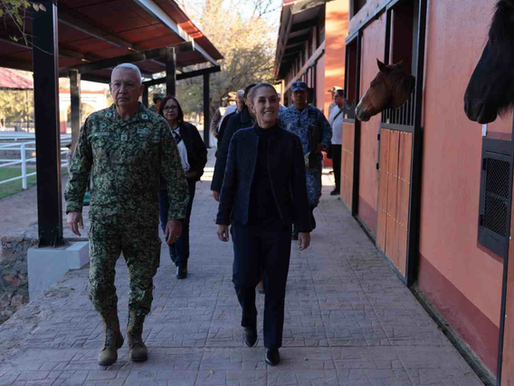 Claudia Sheinbaum y general secretario Trevilla visitan el Campo Militar de Santa Gertrudis, en Chihuahua