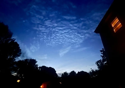 A deep blue evening sky with wispy clouds hangs over the dark silhouettes of trees and houses, with a few windows glowing warmly.