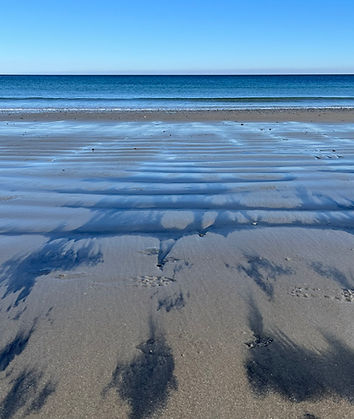 A tidal flat showing rippled sand extending toward the ocean. Some footprints can be seen in the foreground.