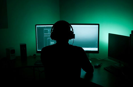 Man silhouetted against a computer screen in a dark room  that has a greenish glow. He's wearing headphones as if he's in a remote meeting.