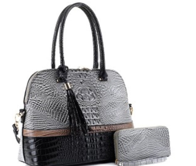 Block Faux Crocodile Print 2-Way Dome Tassel Satchel Wallet SET