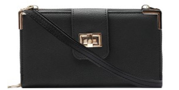 Thumbnail: Turn-Lock Accent Smartphone-Friendly Long Bi-fold Crossbody Wallet Brown