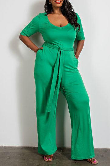Thumbnail: SHORT SLEEVE V-NECK JUMPSUIT