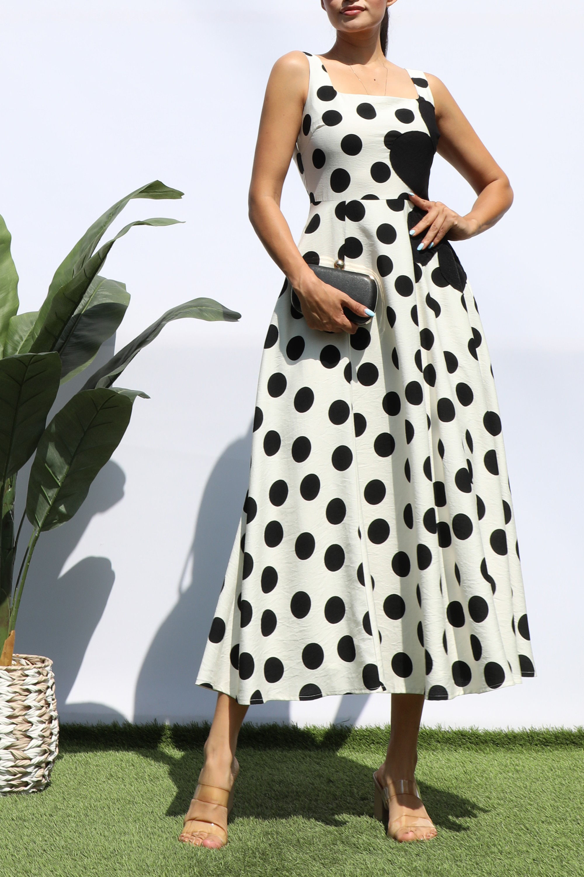 Polka Dot Square Neck Flared Midi Dress