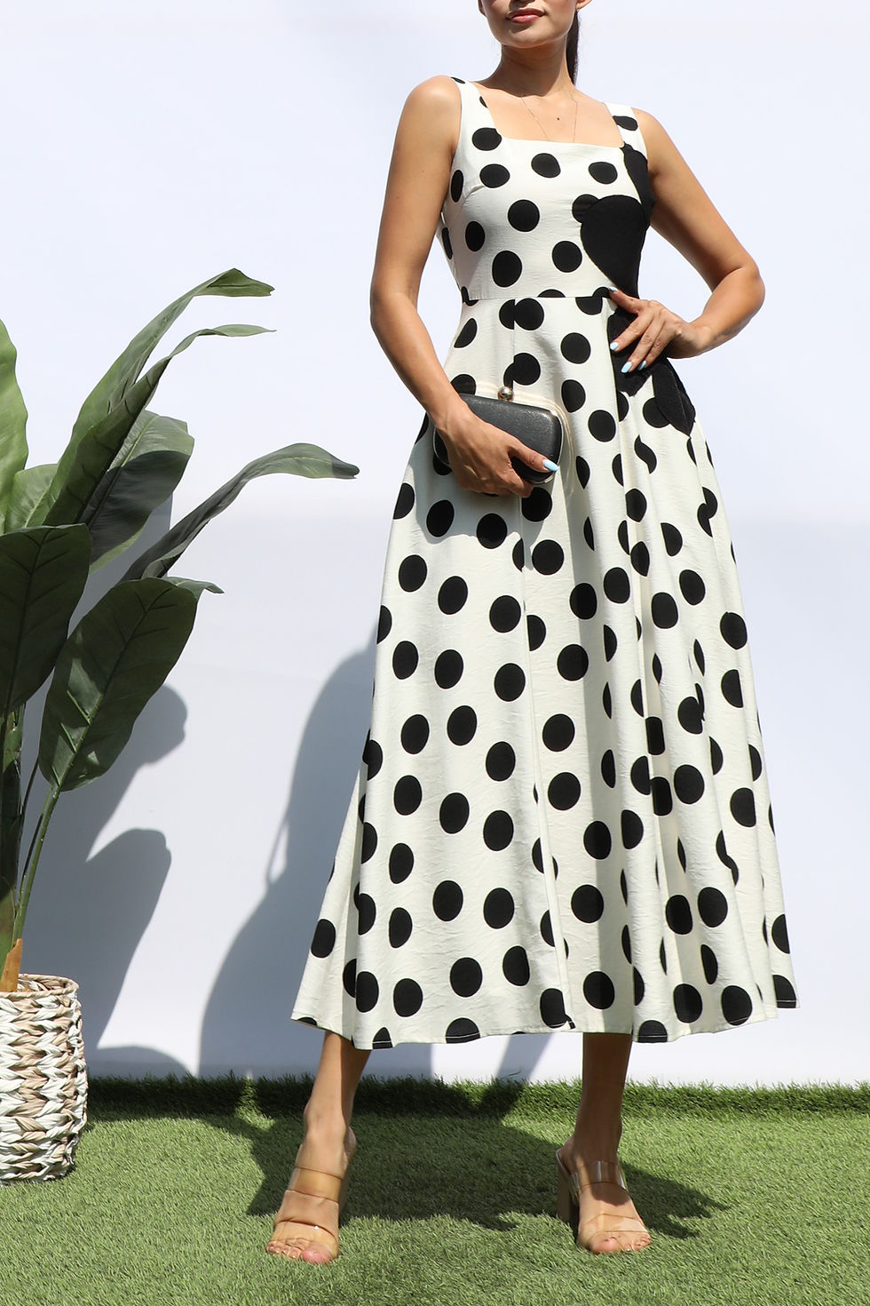 Thumbnail: Polka Dot Square Neck Flared Midi Dress