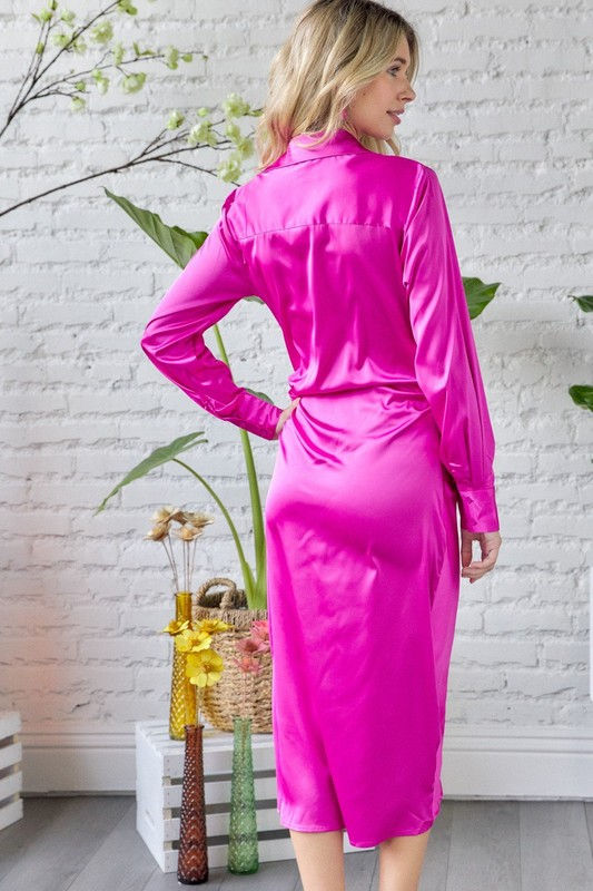 Thumbnail: RUCHED WAIST SATIN MIDI LENGTH DRESS 