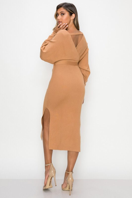 Thumbnail: V Neck Longs Sleeve Sweater Dress