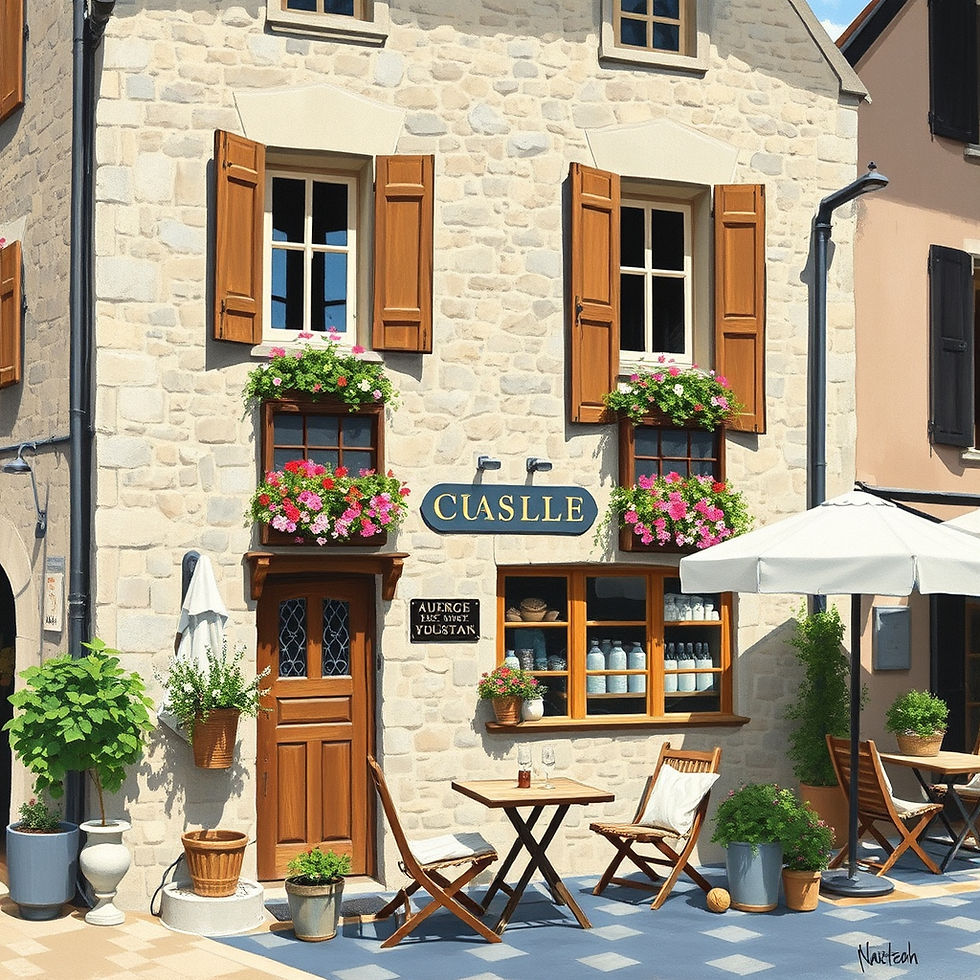 Une auberge de village suisse authentique avec façade en pierre et volets en bois, terrass