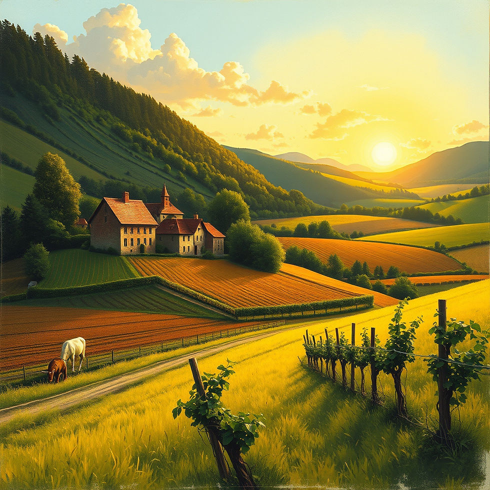 Paysage de campagne vaudoise au lever du soleil, champs cultivés et prairies verdoyantes,