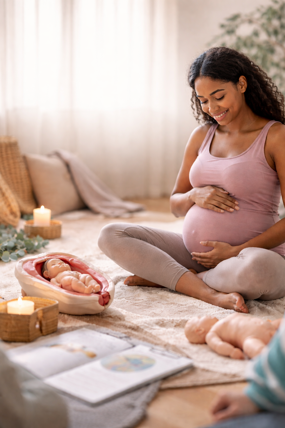 Smiling pregnant woman with a fetal model for Maternal Health