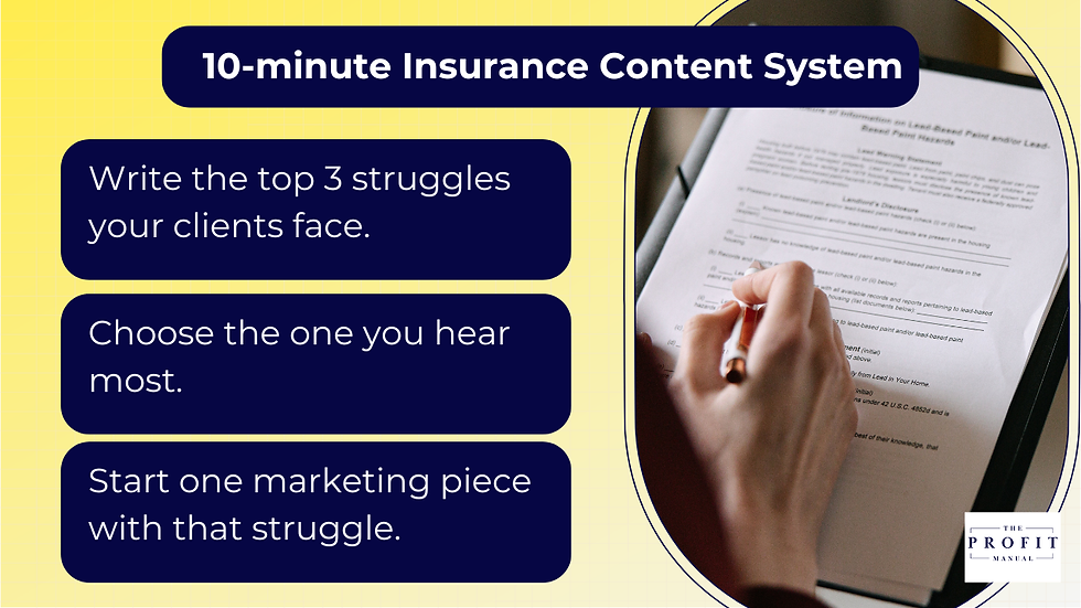 Simple insurance agency marketing workflow that starts with client pain and leads to quotes and growth.