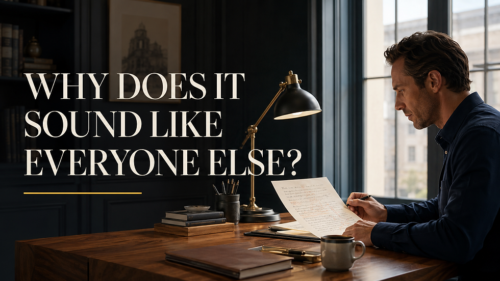 Man reviews handwritten pages at a desk in a dark office; large text reads Why does it sound like everyone else?