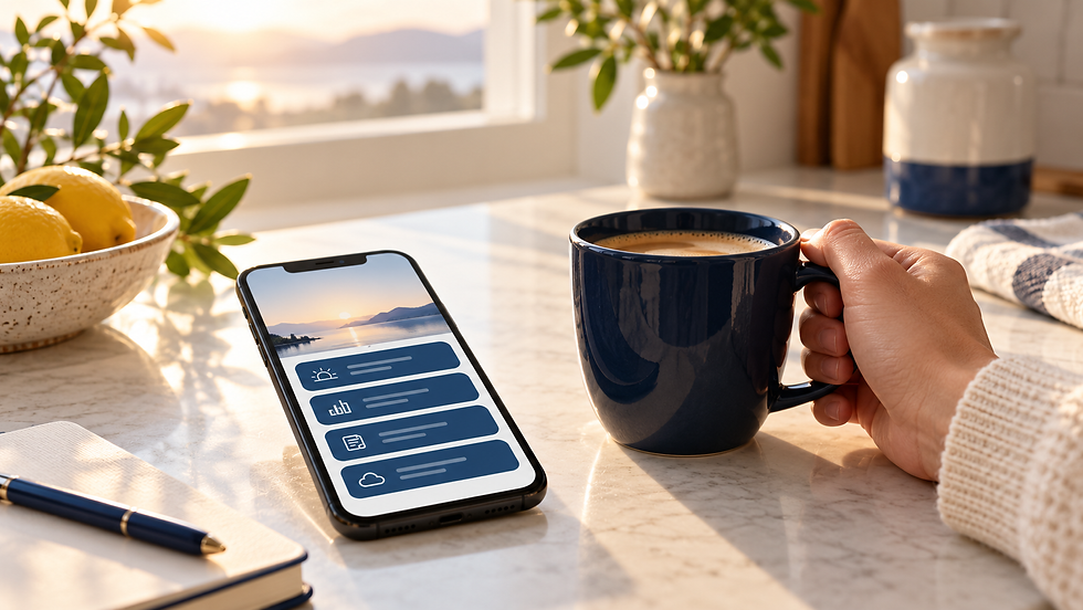 A short briefing on a phone beside a morning coffee.