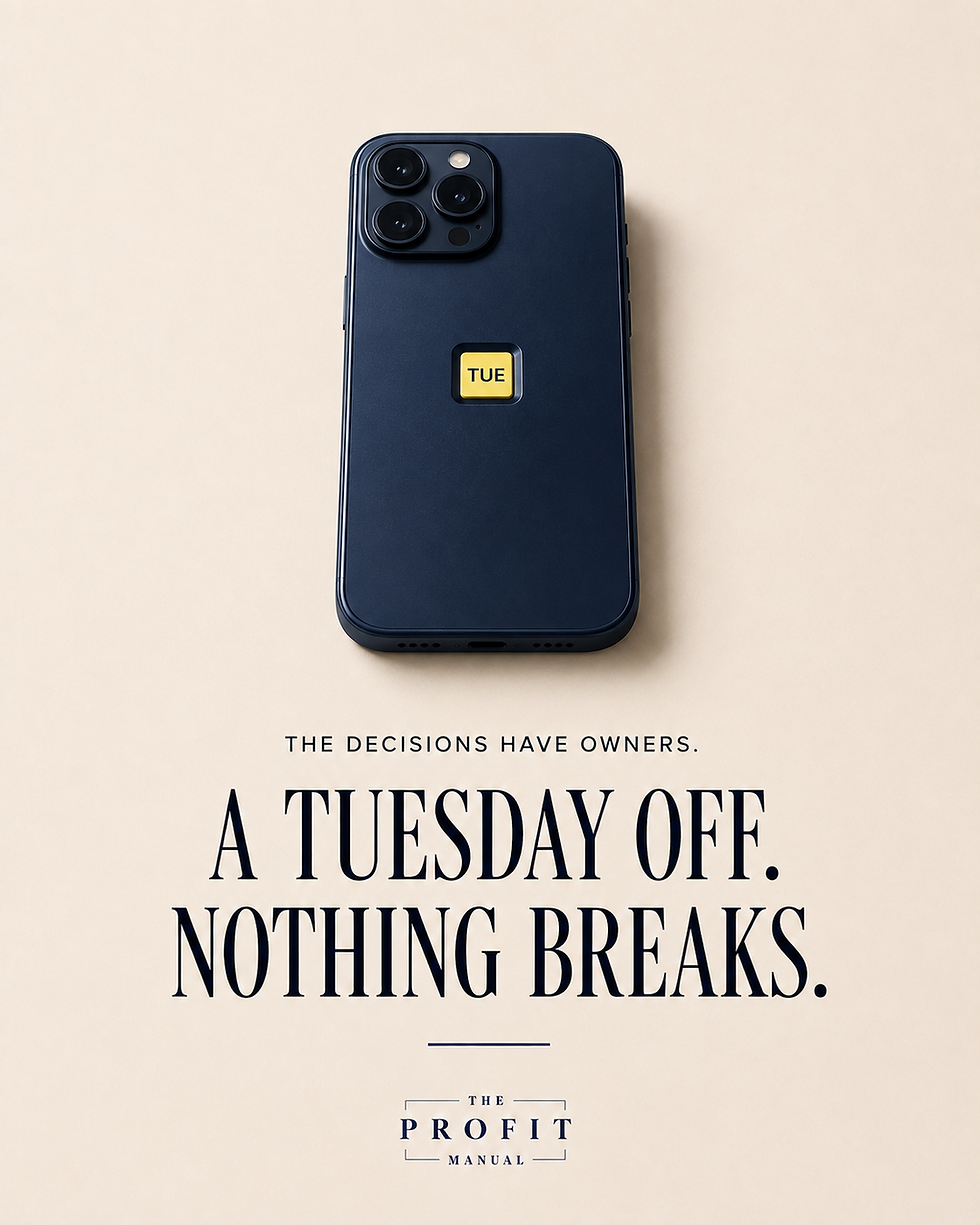 Face-down navy smartphone with a small yellow Tuesday tile, representing time away without interruptions.
