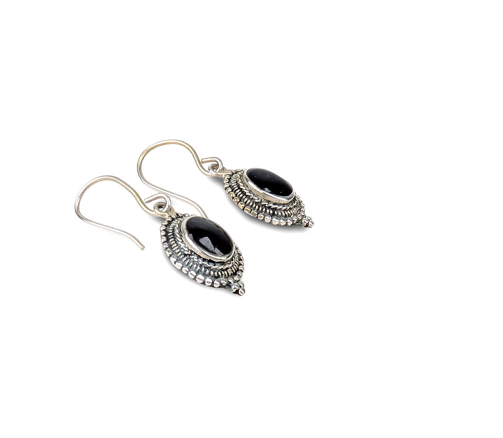 Thumbnail: Black Gemstone Earrings, Silver Filigree Earrings, Elegant Drop Earrings