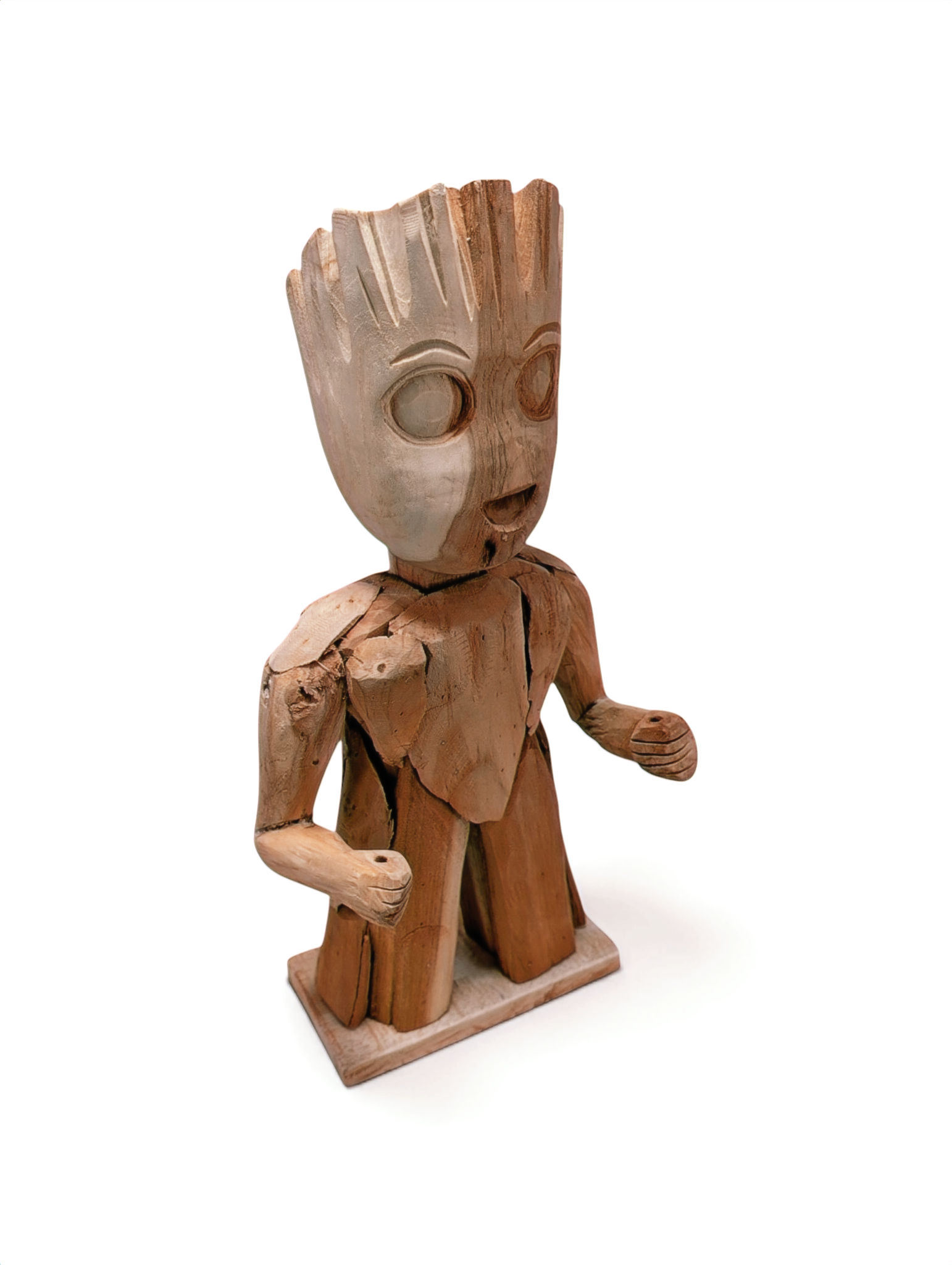 Small Groot-inspired hand carved wood figurine made from natural trembesi wood