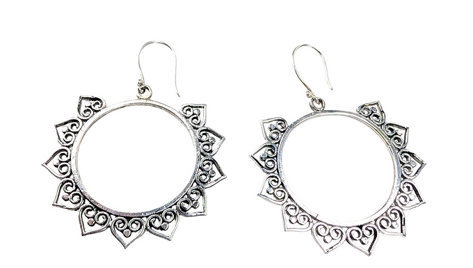 Silver Sunburst Earrings, Boho Swirl Earrings, Tribal Style Earrings,