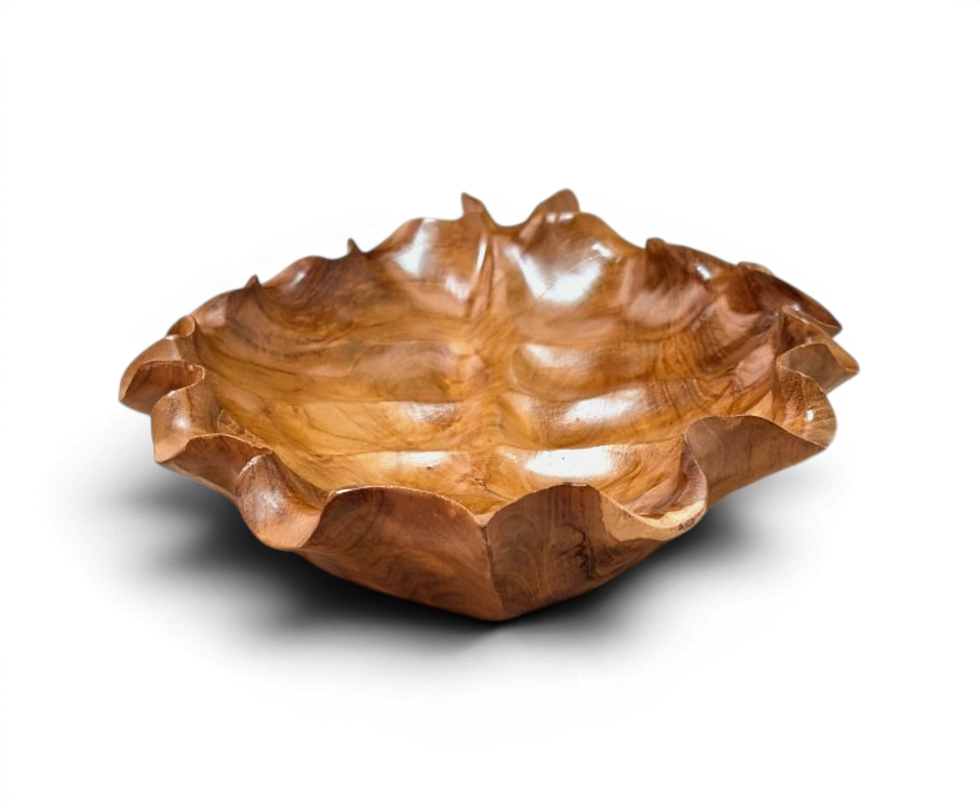 Thumbnail: Polished Bali teak leaf display plate with golden brown grain and handmade detail