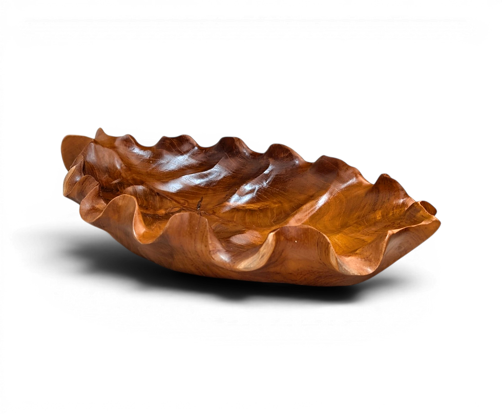 Hand carved Bali teak spoon leaf serving tray with deep carved natural grain