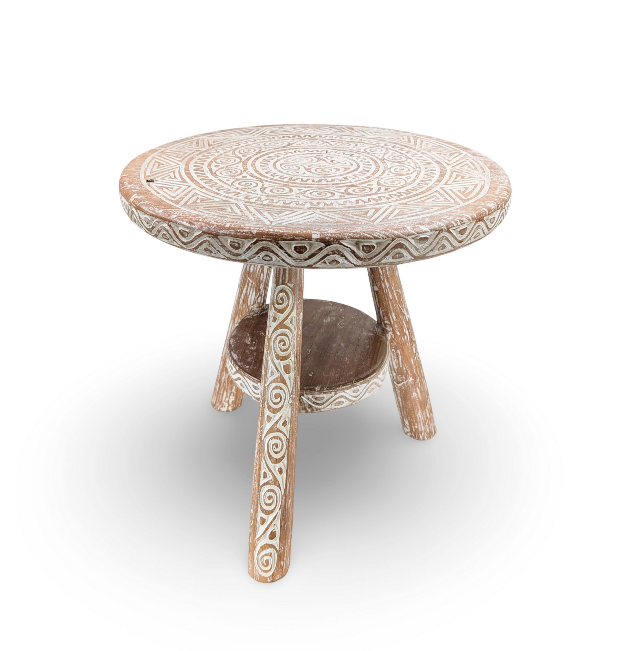 Tribal Side Table, Traditional Side Table, Round Side Table, Whitewashed Table