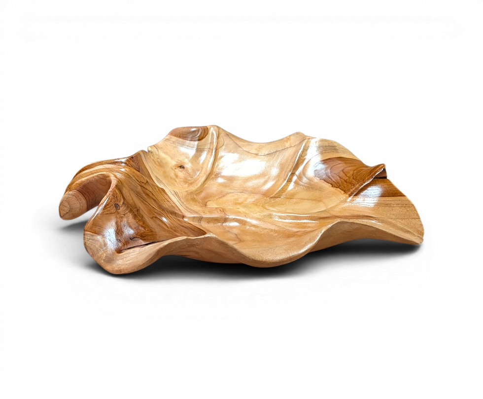 Hand carved Bali teak leaf serving platter with bold two tone natural wood grain