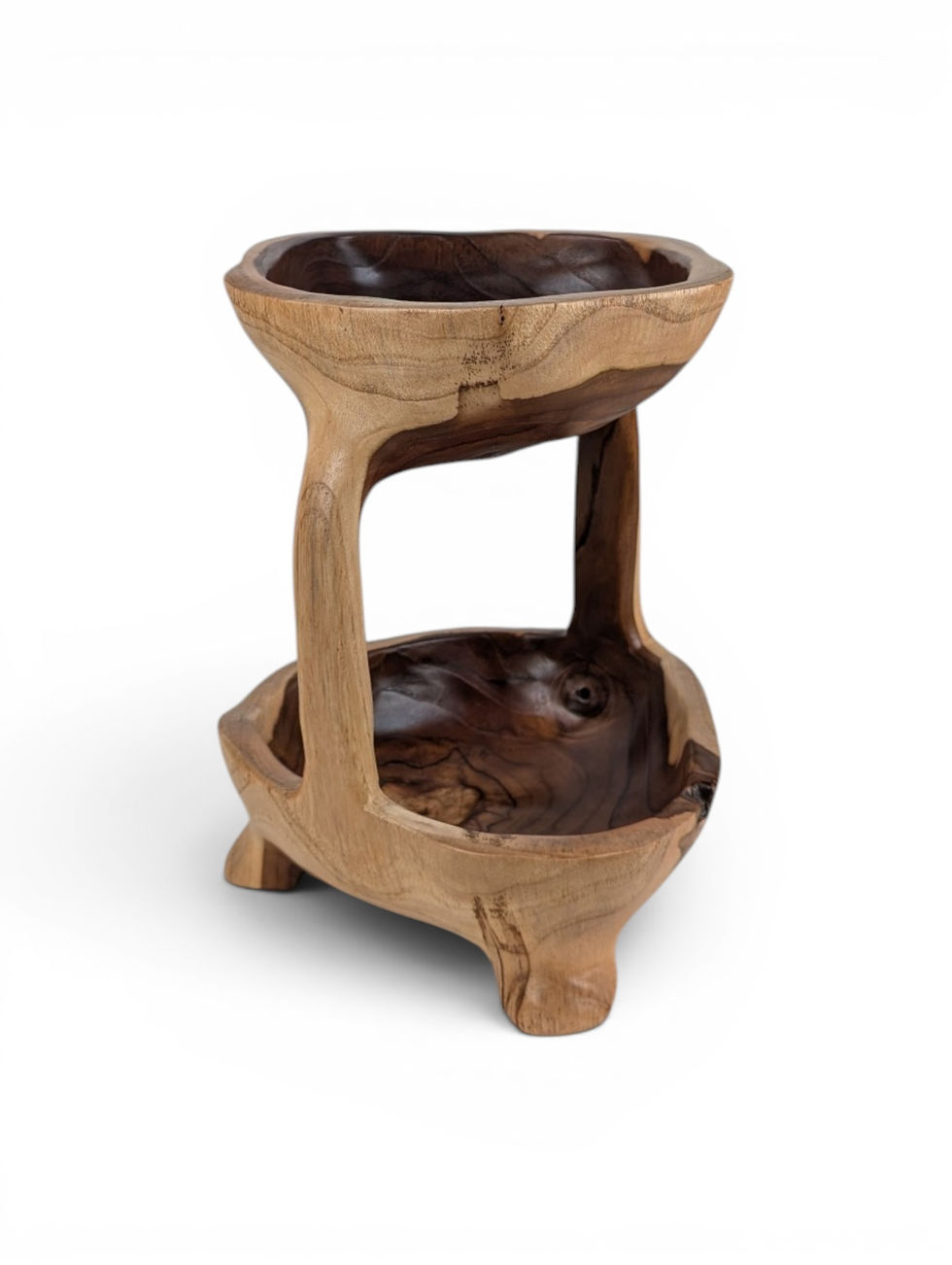 Thumbnail: Handmade wooden display shelf with rustic carved bowls and small side table design.