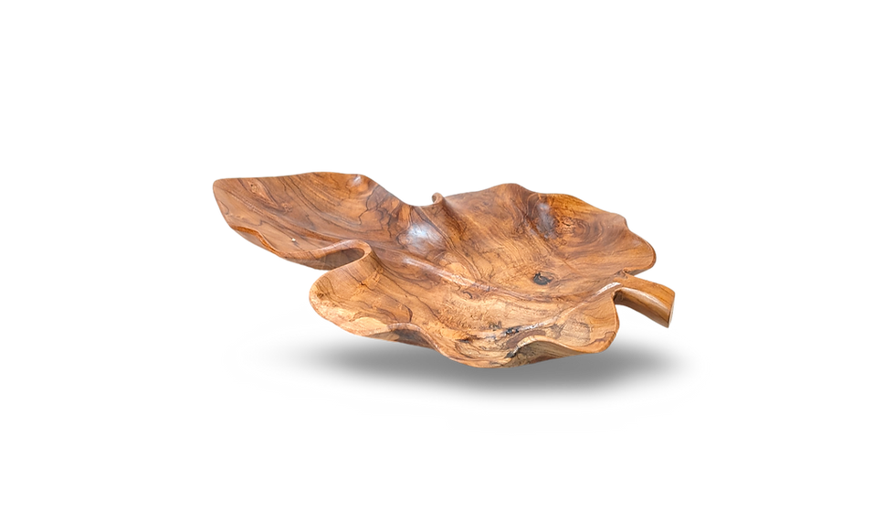 Handmade hardwood leaf-shaped bowl carved from a single piece of richly grained wood