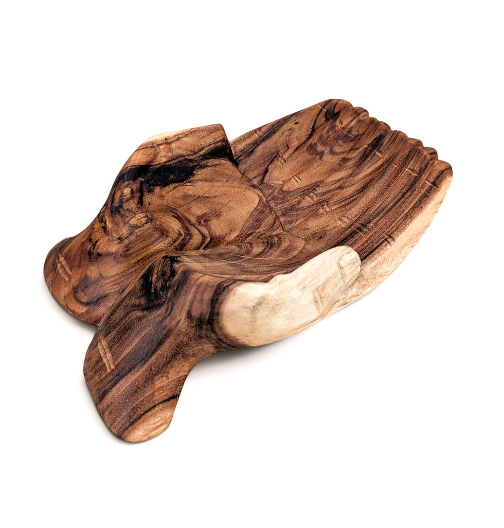 Thumbnail: Teak open hands bowl formed by two gently cupped palms