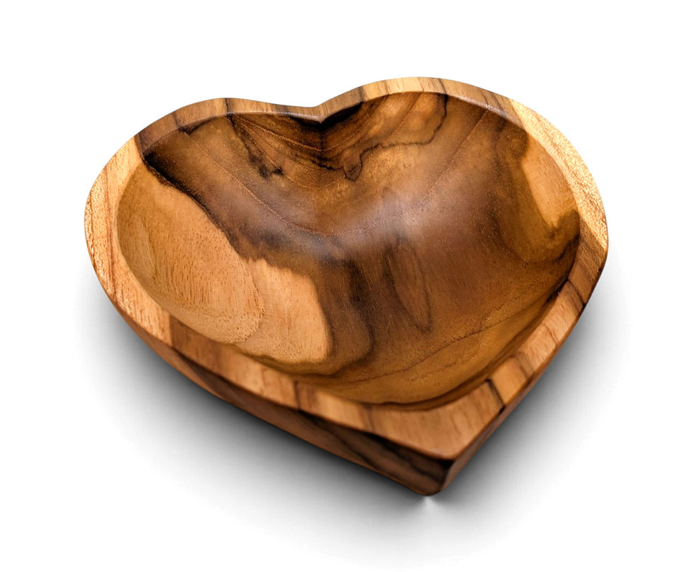 Artisan-carved teak organizer bowl featuring a heart-shaped silhouette