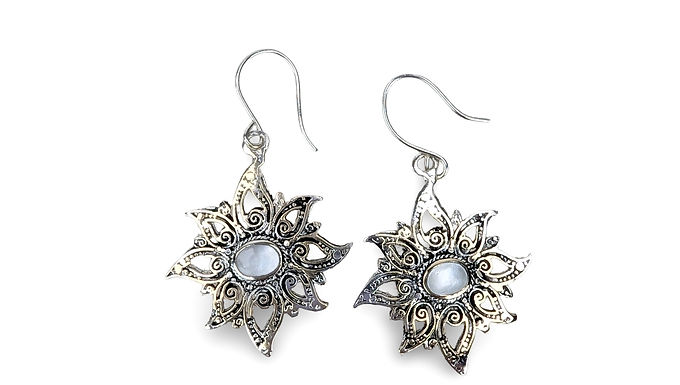 Silver Floral Earrings, Filigree Silver Earrings, Gemstone Dangle Earrings,