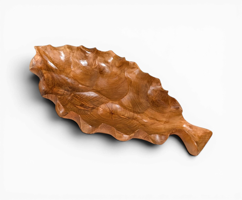Thumbnail: Artisan carved teak lotus leaf platter with warm brown tones and wood grain