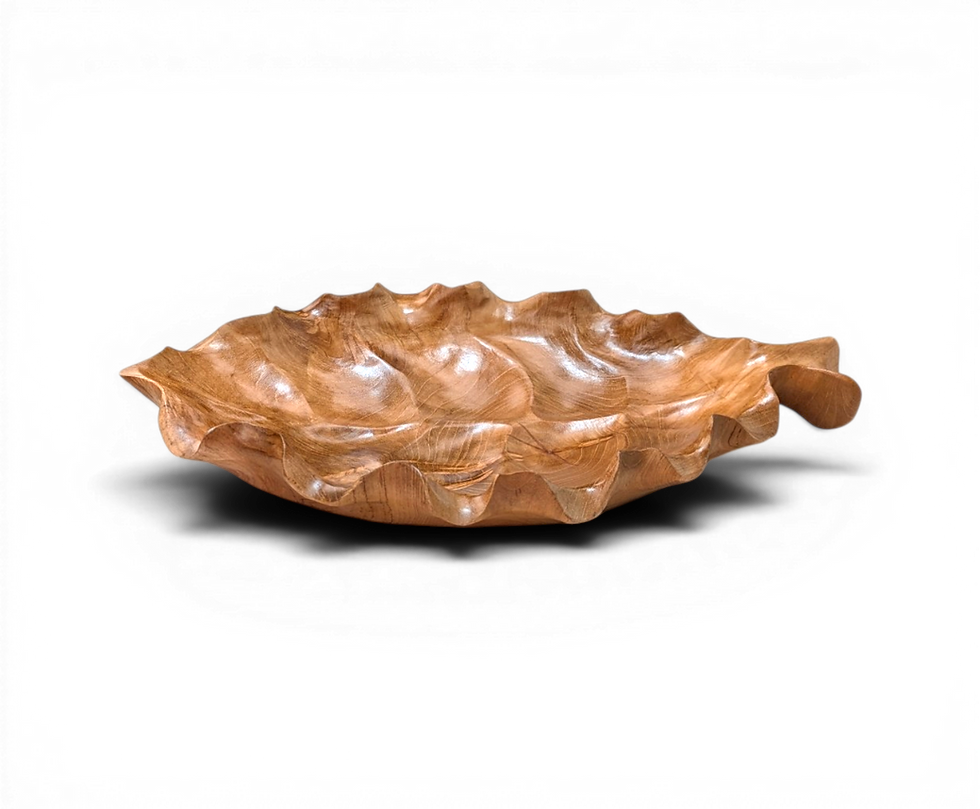 Hand carved Bali teak lotus leaf serving platter with sculptural carved edges