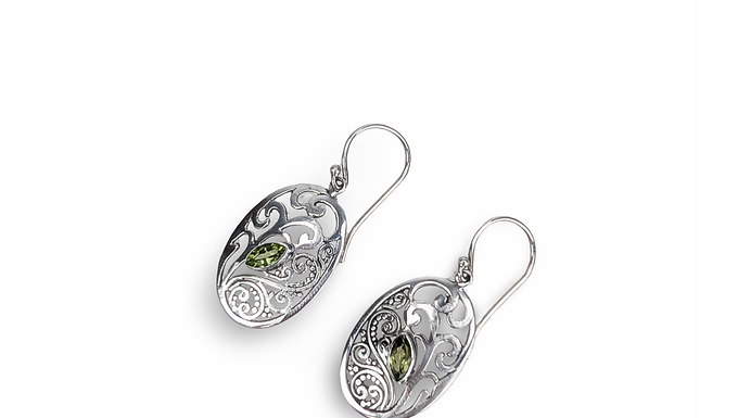 Green Stone Earrings, Silver Gemstone Earrings, Oval Dangle Earrings