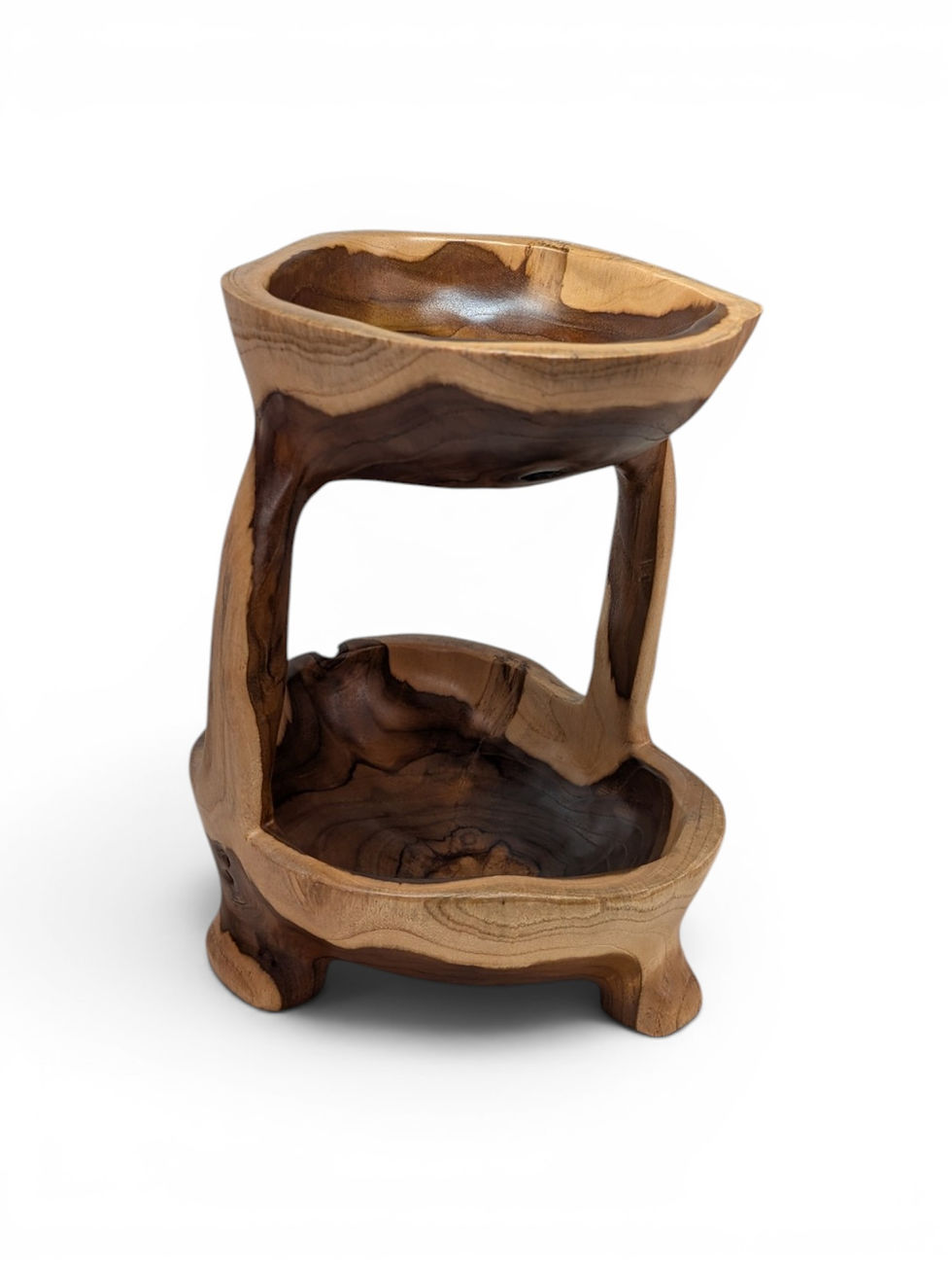Thumbnail: Natural wood organizer stand with two carved bowl shelves and rich grain patterns.