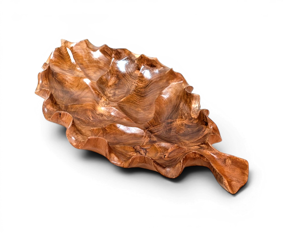 Thumbnail: Sculptural Bali teak leaf platter with dark natural grain and artisan carved rim