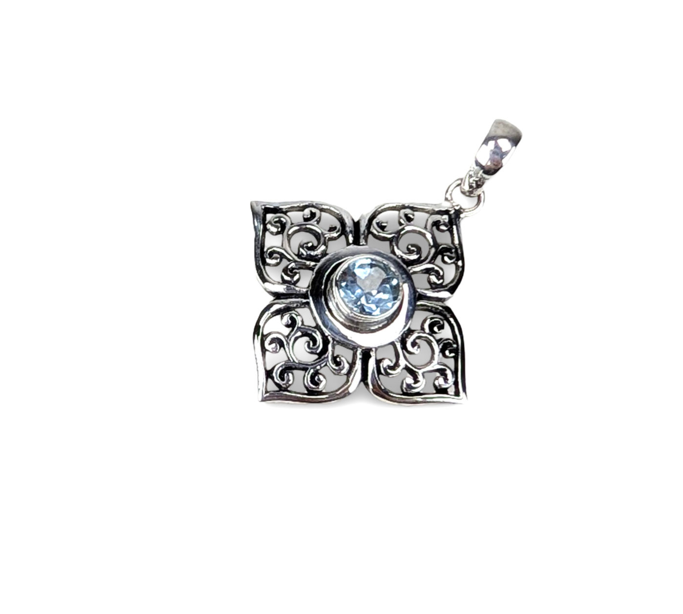Blue Gemstone Pendant, Scrollwork Pendant, Ornate Silver Pendant,