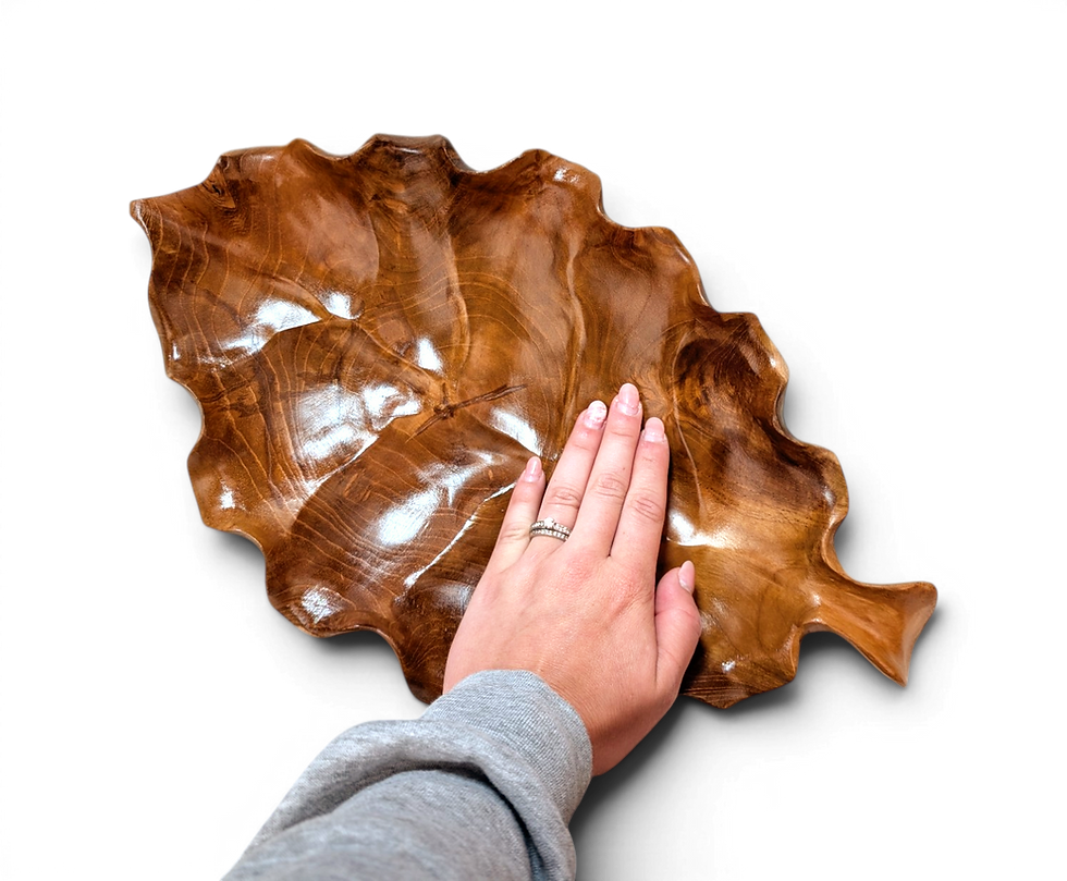Thumbnail: 33imports hand carved Bali teak leaf tray with golden rippled wood grain